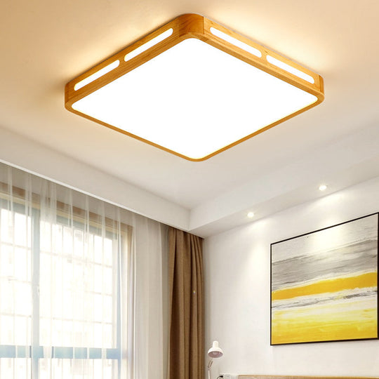 Modern Wood Beige LED Ceiling Light for Bedroom - Rectangle Flush Mount Lamp, 12"/18"/21"/25.5" Wide