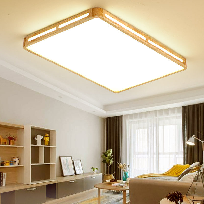 Minimalist Wood Beige LED Flush Mount Lamp for Bedroom - 25.5"/37.5" Wide Rectangle Ceiling Light