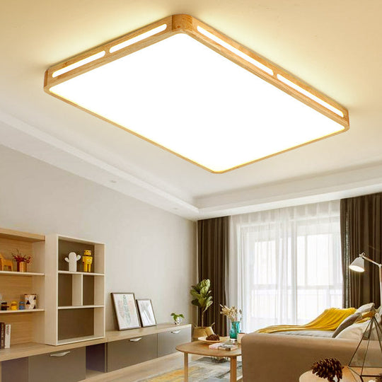 Minimalist Wood Beige LED Flush Mount Lamp for Bedroom - 25.5"/37.5" Wide Rectangle Ceiling Light