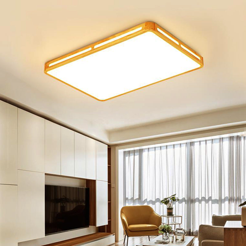 Minimalist Wood Beige LED Flush Mount Lamp for Bedroom - 25.5"/37.5" Wide Rectangle Ceiling Light
