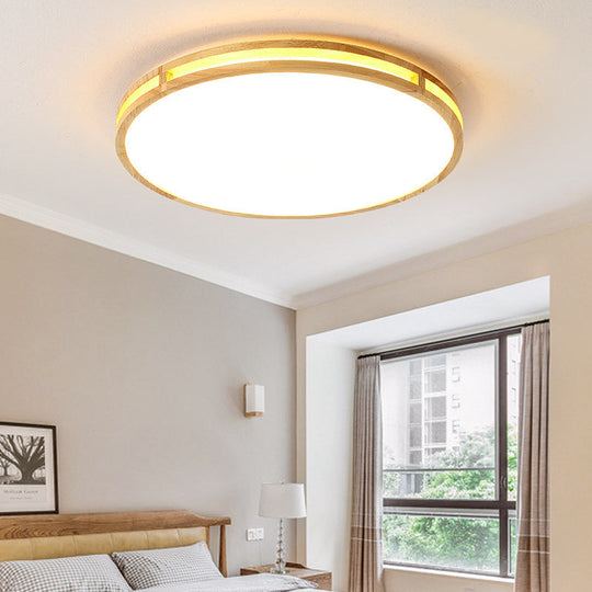 Contemporary Wood Beige LED Flush Mount Lamp - 14"/16"/19.5" Dia Circle with Acrylic Diffuser