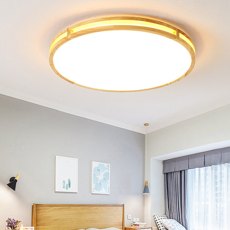 Contemporary Wood Beige Led Flush Mount Lamp - 14/16/19.5 Dia Circle With Acrylic Diffuser
