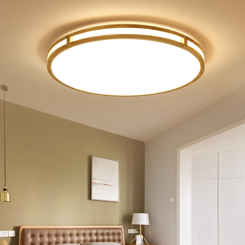 Contemporary Wood Beige LED Flush Mount Lamp - 14"/16"/19.5" Dia Circle with Acrylic Diffuser