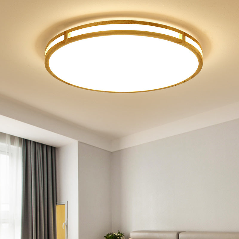 Contemporary Wood Beige LED Flush Mount Lamp - 14"/16"/19.5" Dia Circle with Acrylic Diffuser