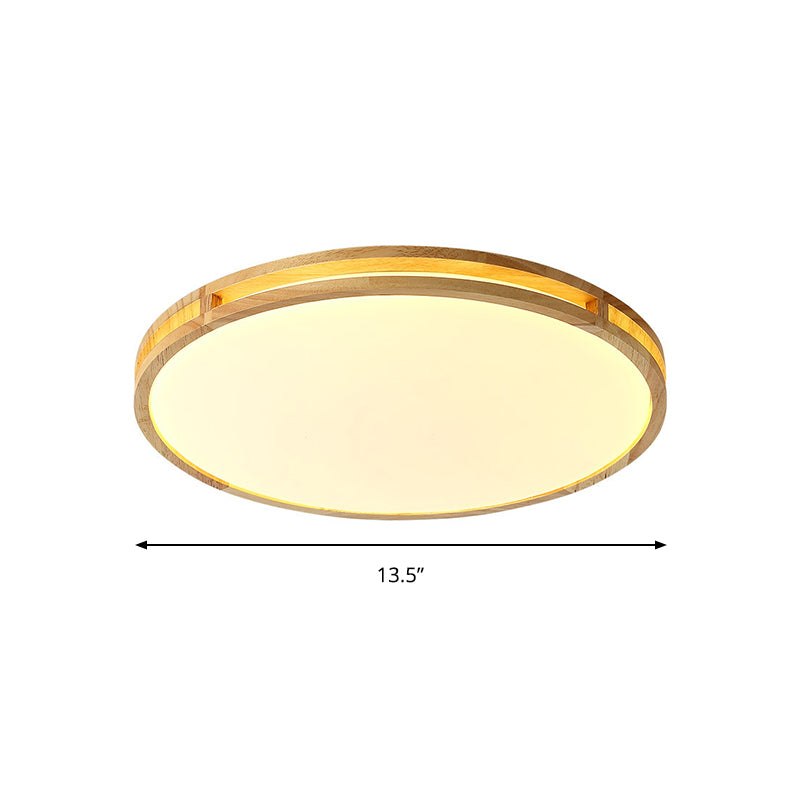 Contemporary Wood Beige LED Flush Mount Lamp - 14"/16"/19.5" Dia Circle with Acrylic Diffuser
