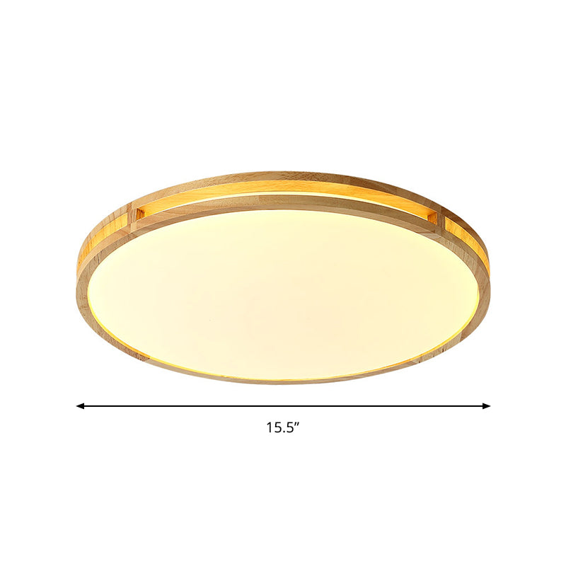 Contemporary Wood Beige LED Flush Mount Lamp - 14"/16"/19.5" Dia Circle with Acrylic Diffuser