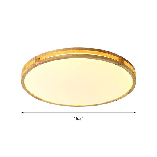 Contemporary Wood Beige LED Flush Mount Lamp - 14"/16"/19.5" Dia Circle with Acrylic Diffuser