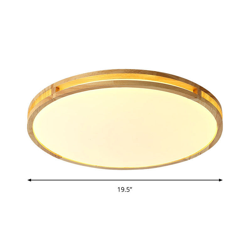 Contemporary Wood Beige LED Flush Mount Lamp - 14"/16"/19.5" Dia Circle with Acrylic Diffuser