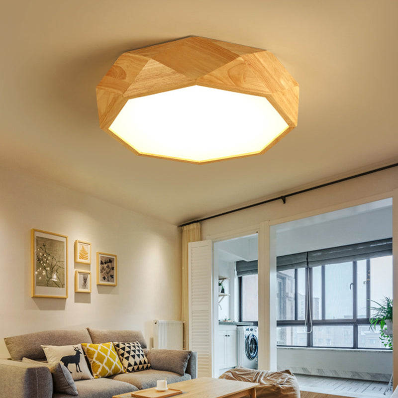 Modern Geometric Wood Beige Ceiling Light with Acrylic Diffuser - LED Flush Mount Lamp, 18"/26" Wide
