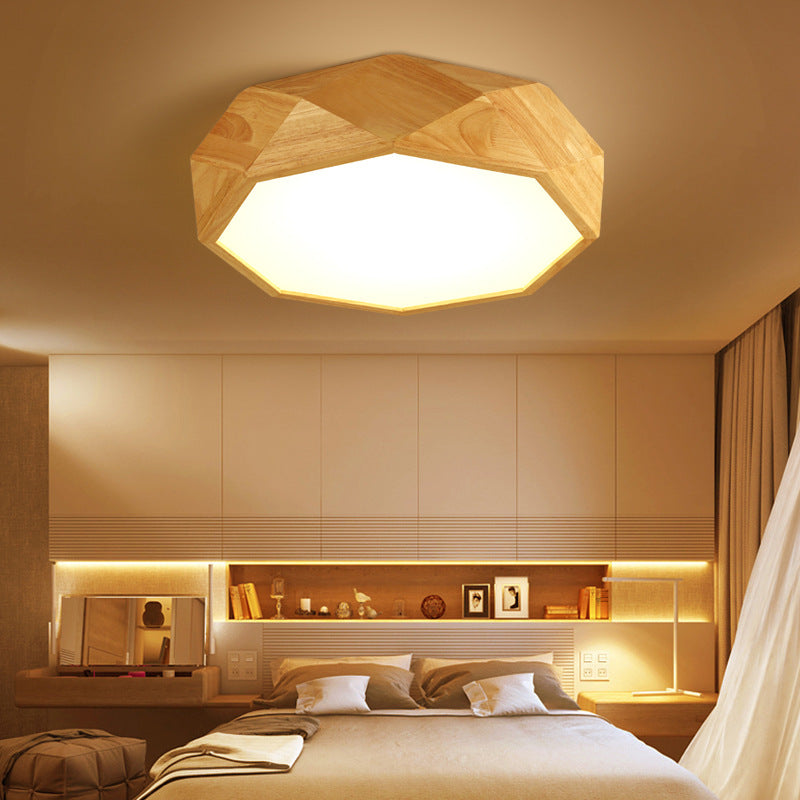 Modern Geometric Wood Beige Ceiling Light with Acrylic Diffuser - LED Flush Mount Lamp, 18"/26" Wide