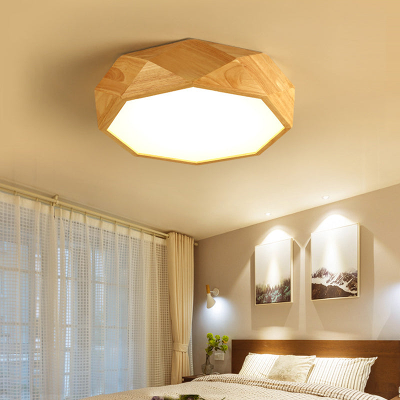 Modern Geometric Wood Beige Ceiling Light with Acrylic Diffuser - LED Flush Mount Lamp, 18"/26" Wide