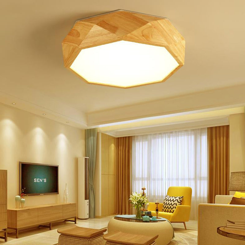 Modern Geometric Wood Beige Ceiling Light with Acrylic Diffuser - LED Flush Mount Lamp, 18"/26" Wide