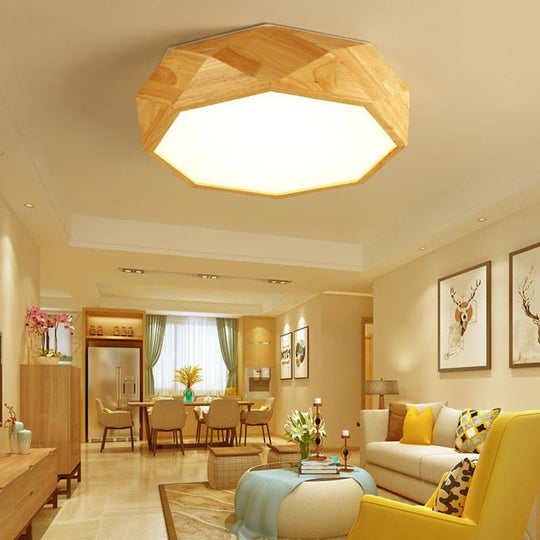 Modern Geometric Wood Beige Ceiling Light with Acrylic Diffuser - LED Flush Mount Lamp, 18"/26" Wide