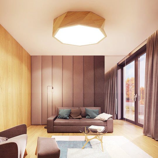 Modern Beige Wood LED Ceiling Light with Acrylic Diffuser - Geometric Flush Mount Fixture