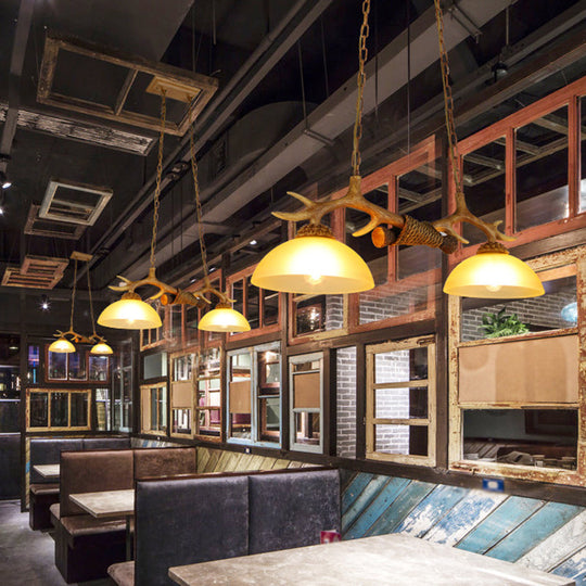 Retro Dome Pendant Light With Beige Glass And Decorative Deer Horn - Set Of 2