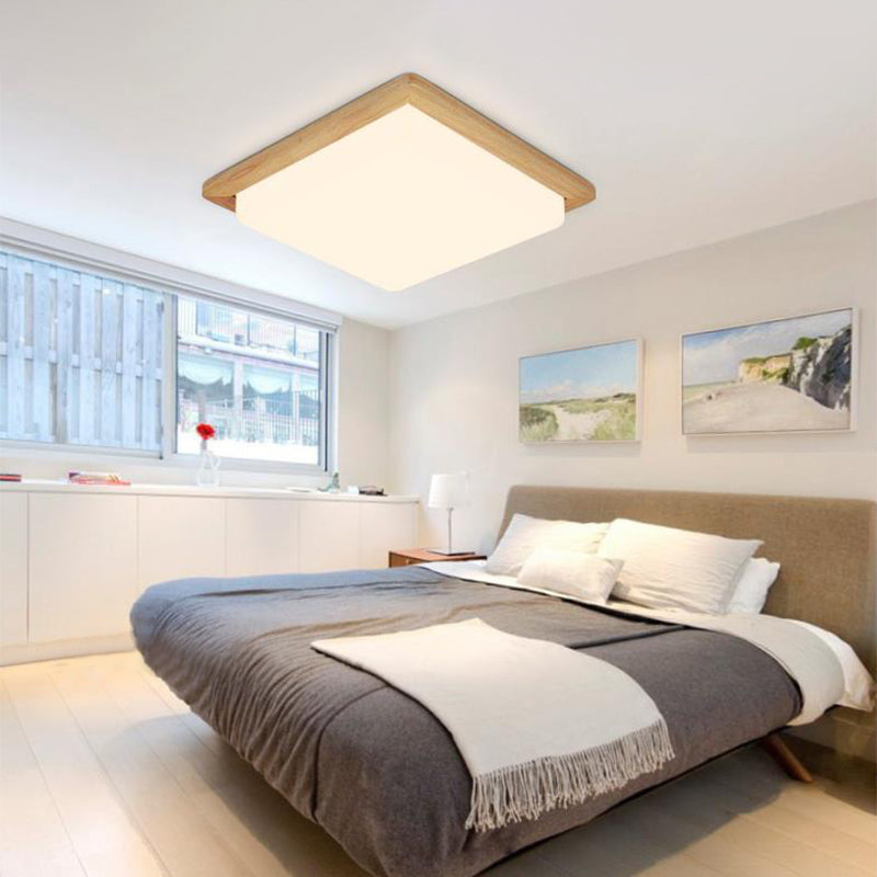 Modern Square Ceiling Mount Light with Beige Acrylic Shade, LED Flush Mount Lamp (White/Warm Light), Wood Canopy - Available in Multiple Widths: 12.5"/14"/18"/22"/26
