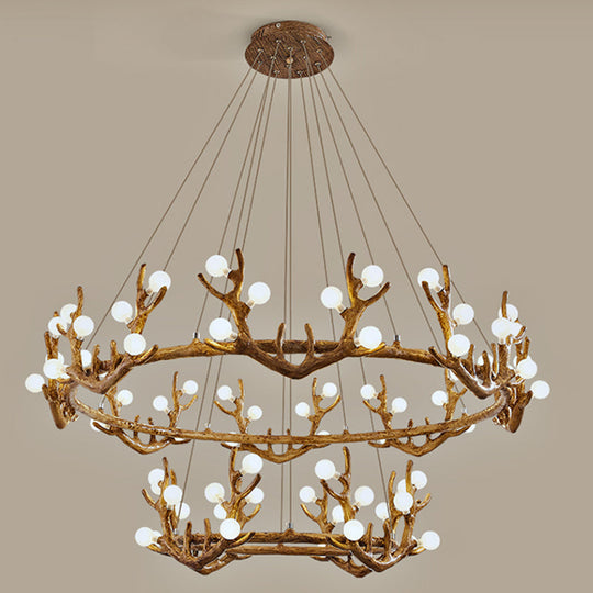 Vintage Resin Brown Led Chandelier Light - Antler Living Room Ceiling Lighting With Frosted Glass