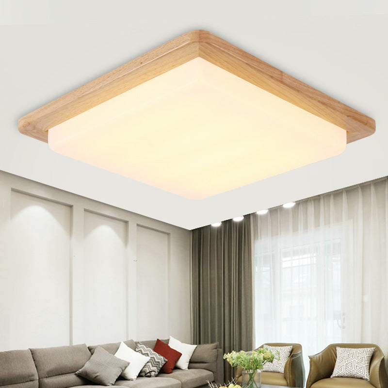 Modern Square Ceiling Mount Light with Beige Acrylic Shade, LED Flush Mount Lamp (White/Warm Light), Wood Canopy - Available in Multiple Widths: 12.5"/14"/18"/22"/26