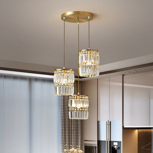Modern Brass Pendant Chandelier With Tri-Prism Crystals - 3-Light Dining Room Fixture / Round