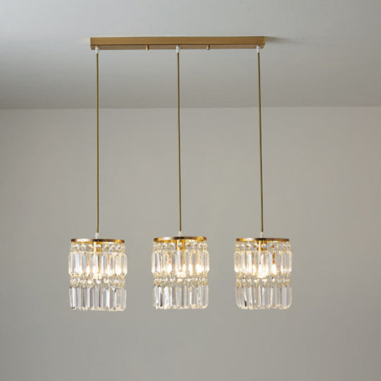 Modern Brass Pendant Chandelier With Tri-Prism Crystals - 3-Light Dining Room Fixture