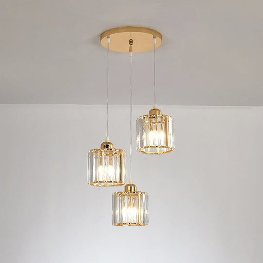 Gold Cube Crystal Multi-Light Ceiling Fixture for Dining Room with 3 Bulbs