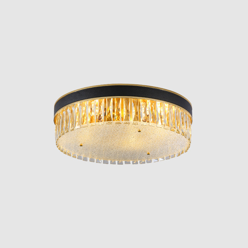 Faceted Crystal Drum Flush Mount Black Minimalist Lighting Fixture