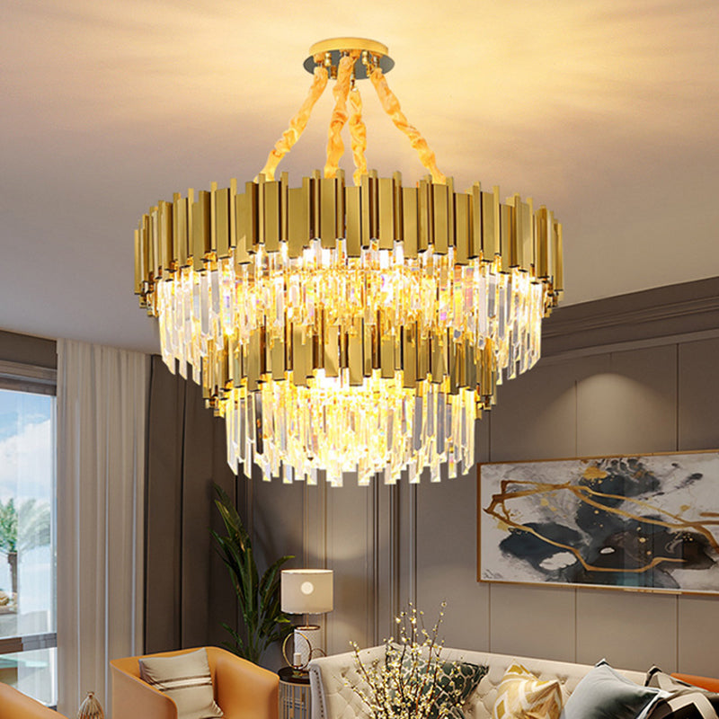 Modern Drum Chandelier Pendant Light with Crystal Tri-Prism Design - Gold