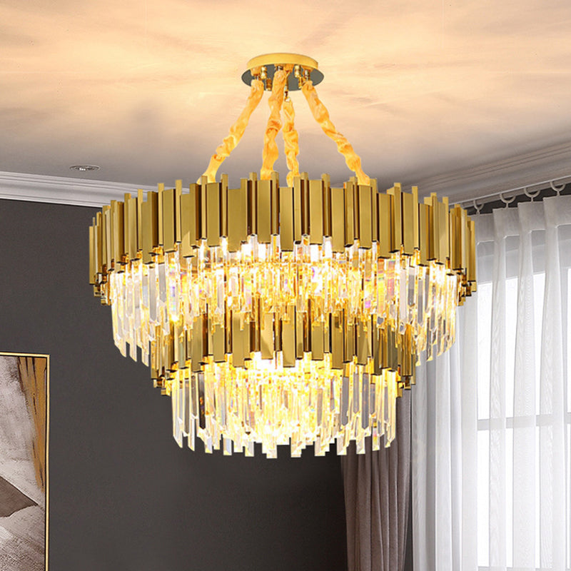 Modern Drum Chandelier Pendant Light with Crystal Tri-Prism Design - Gold