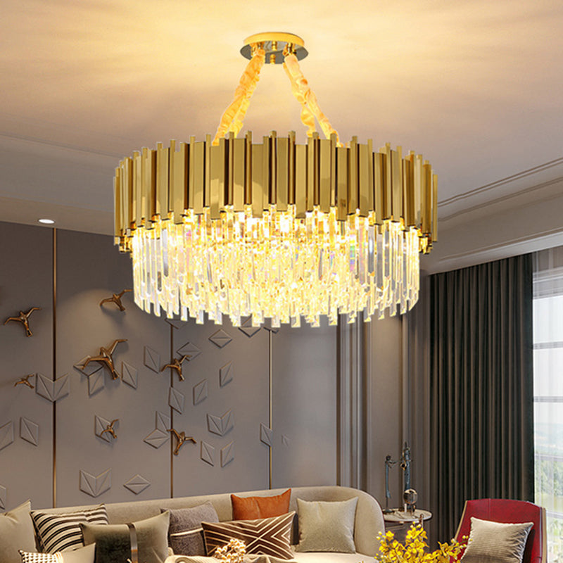 Modern Drum Chandelier Pendant Light with Crystal Tri-Prism Design - Gold