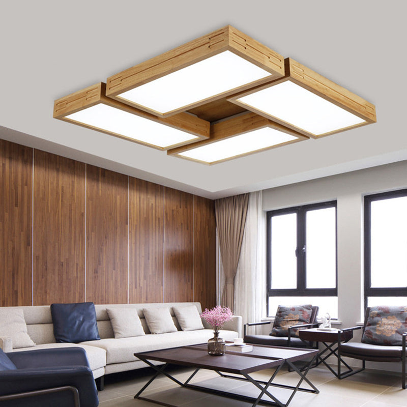 Minimalist Wood Ceiling Mounted Light with Acrylic Diffuser - Beige, Rectangle Shape, 1/4 Lights, White/Warm Light Flush Mount