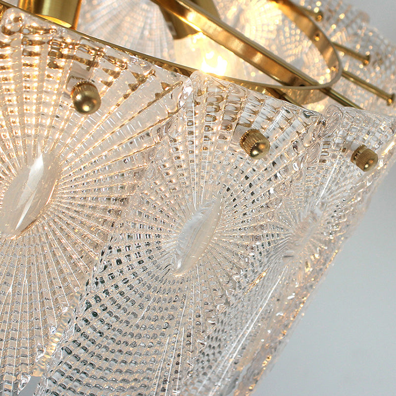 Artistic Clear Carved Glass Chandelier Light - Gold Drum Suspension For Dining Room