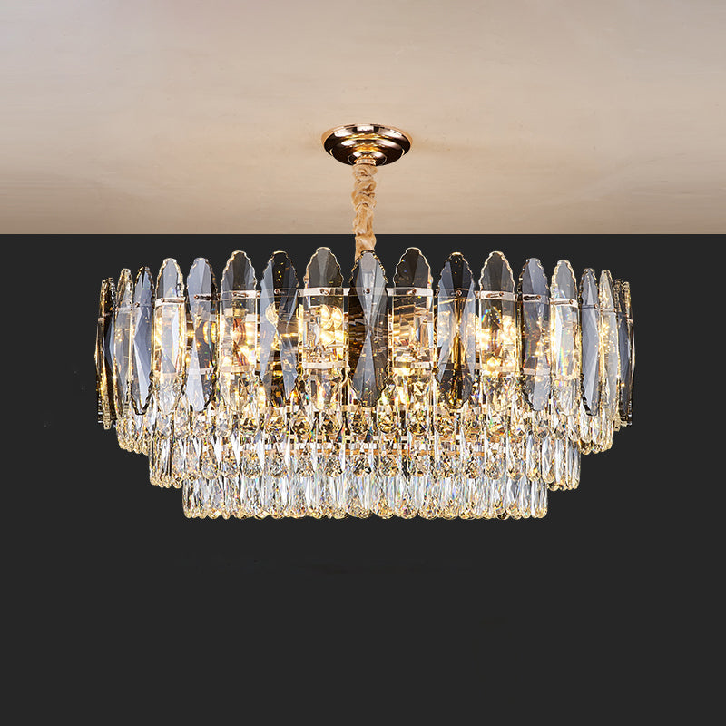 Minimalist Artistic Tiered Chandelier with Clear K9 Crystal and Gold Pendant Light