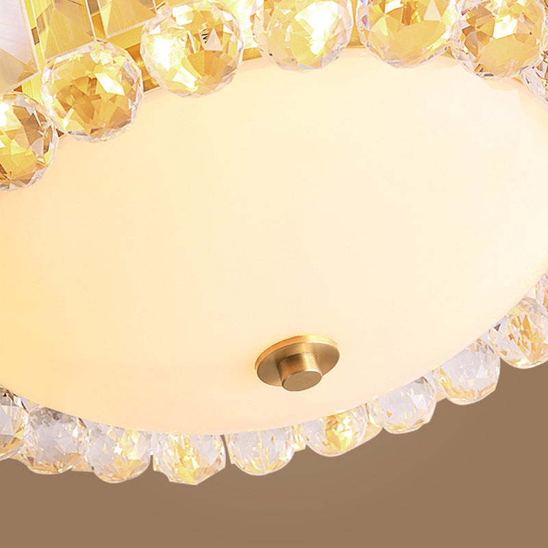 Gold Milk Glass Dome Ceiling Mount Light with Crystal Accent - Postmodern 4-Bulb Flush Lamp