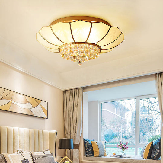 Gold Frosted Glass Umbrella Flush Light with Crystal Orbs