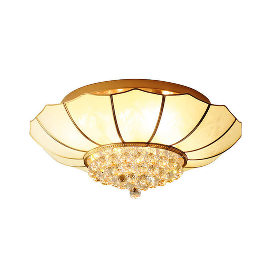 Gold Frosted Glass Umbrella Flush Light With Crystal Orbs