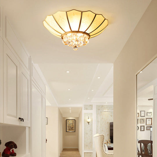Gold Frosted Glass Umbrella Flush Light with Crystal Orbs