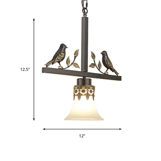 Classical Frosted Glass Pendant Light With Bird Element For Living Room - Black Conical Design