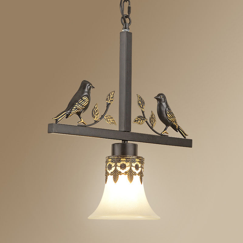 Classical Frosted Glass Pendant Light With Bird Element For Living Room - Black Conical Design