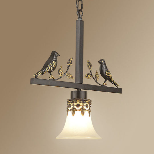 Classical Frosted Glass Pendant Light With Bird Element For Living Room - Black Conical Design