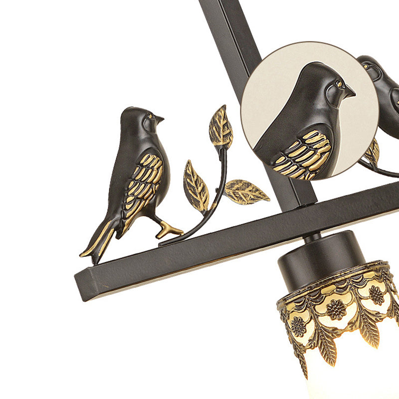 Classical Frosted Glass Pendant Light With Bird Element For Living Room - Black Conical Design