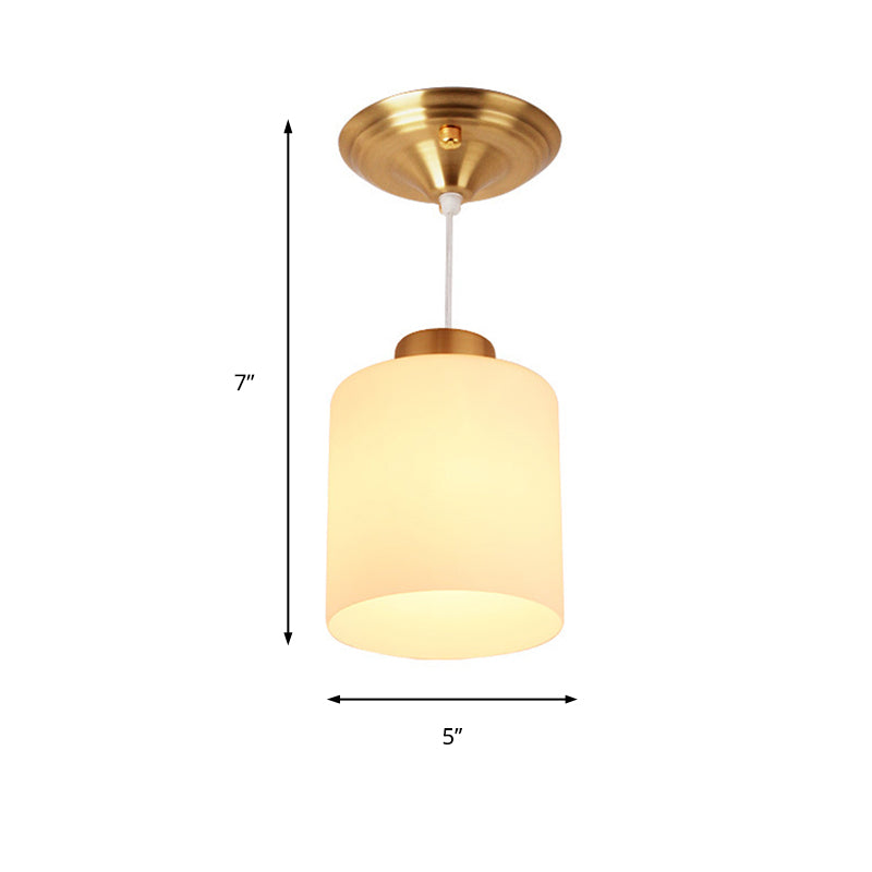 Gold Cylinder Ceiling Light With Traditional White Glass - 1 Pendant Lighting Fixture For Corridor