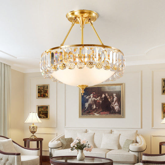 Gold Flush Mount Chandelier - Traditional Ivory Glass Bowl Ceiling Light with Crystal Decor - 4 Lights