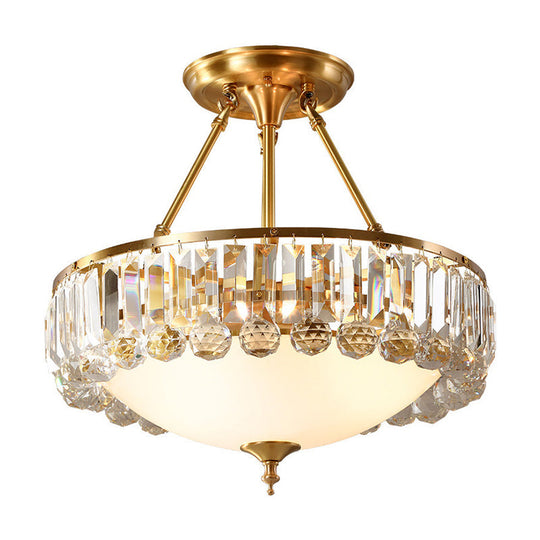 Gold Flush Mount Chandelier - Traditional Ivory Glass Bowl Ceiling Light with Crystal Decor - 4 Lights
