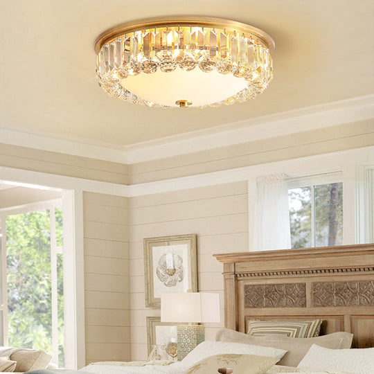 Gold Flush Mount Chandelier - Traditional Ivory Glass Bowl Ceiling Light With Crystal Decor 4 Lights