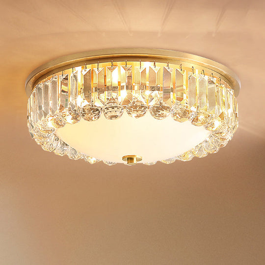 Gold Flush Mount Chandelier - Traditional Ivory Glass Bowl Ceiling Light With Crystal Decor 4 Lights