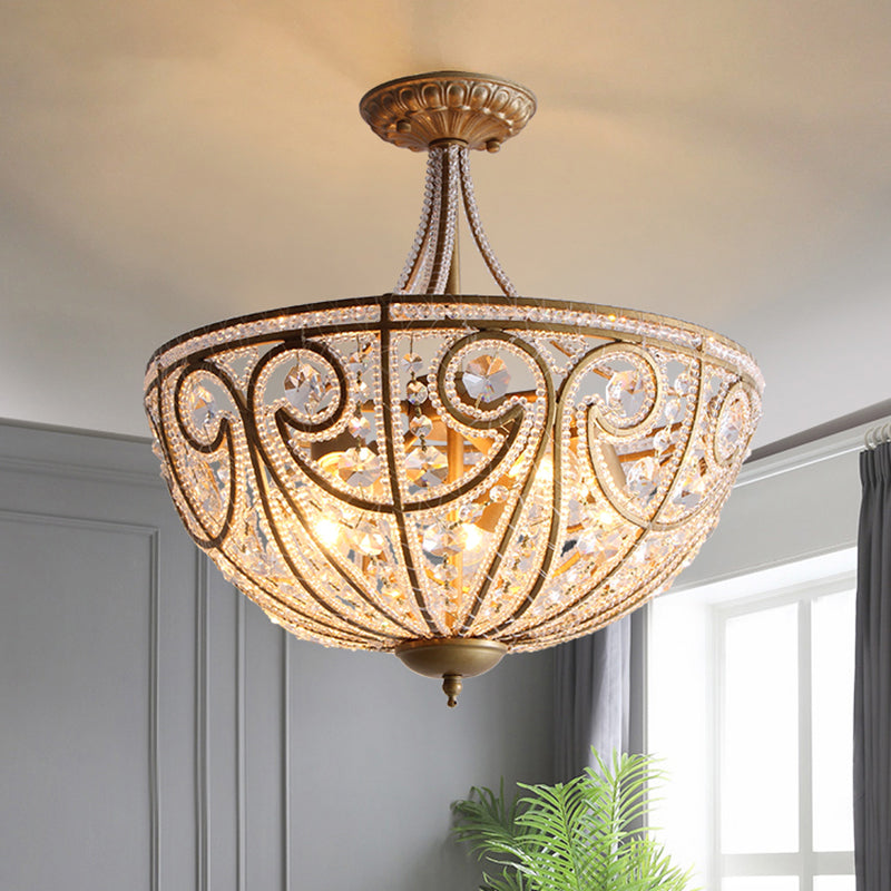 Rustic Crystal Bead Ceiling Lamp - Antiqued Gold Hemisphere, 5 Lights - Ideal for Dining Room