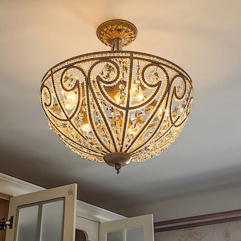 Rustic Crystal Bead Ceiling Lamp - Antiqued Gold Hemisphere, 5 Lights - Ideal for Dining Room