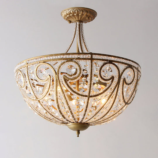 Rustic Crystal Bead Ceiling Lamp - Antiqued Gold Hemisphere, 5 Lights - Ideal for Dining Room