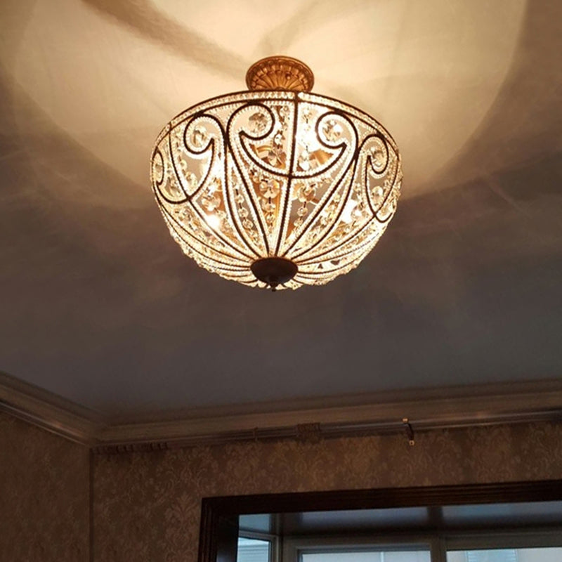 Rustic Crystal Bead Ceiling Lamp - Antiqued Gold Hemisphere, 5 Lights - Ideal for Dining Room