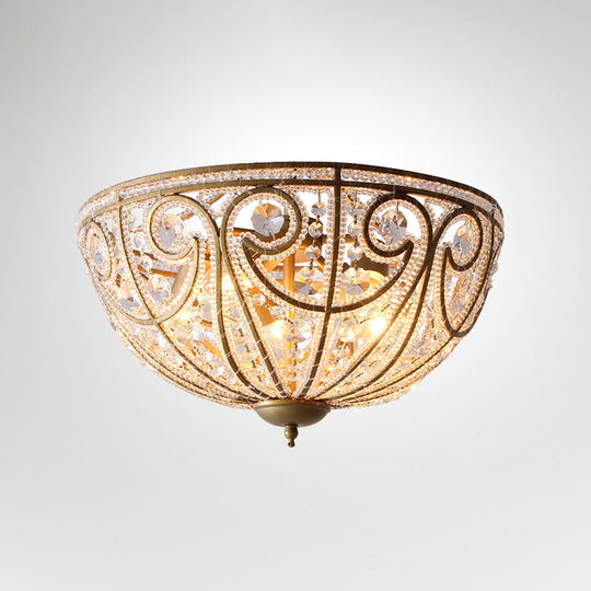 Rustic Crystal Bead Ceiling Lamp - Antiqued Gold Hemisphere, 5 Lights - Ideal for Dining Room